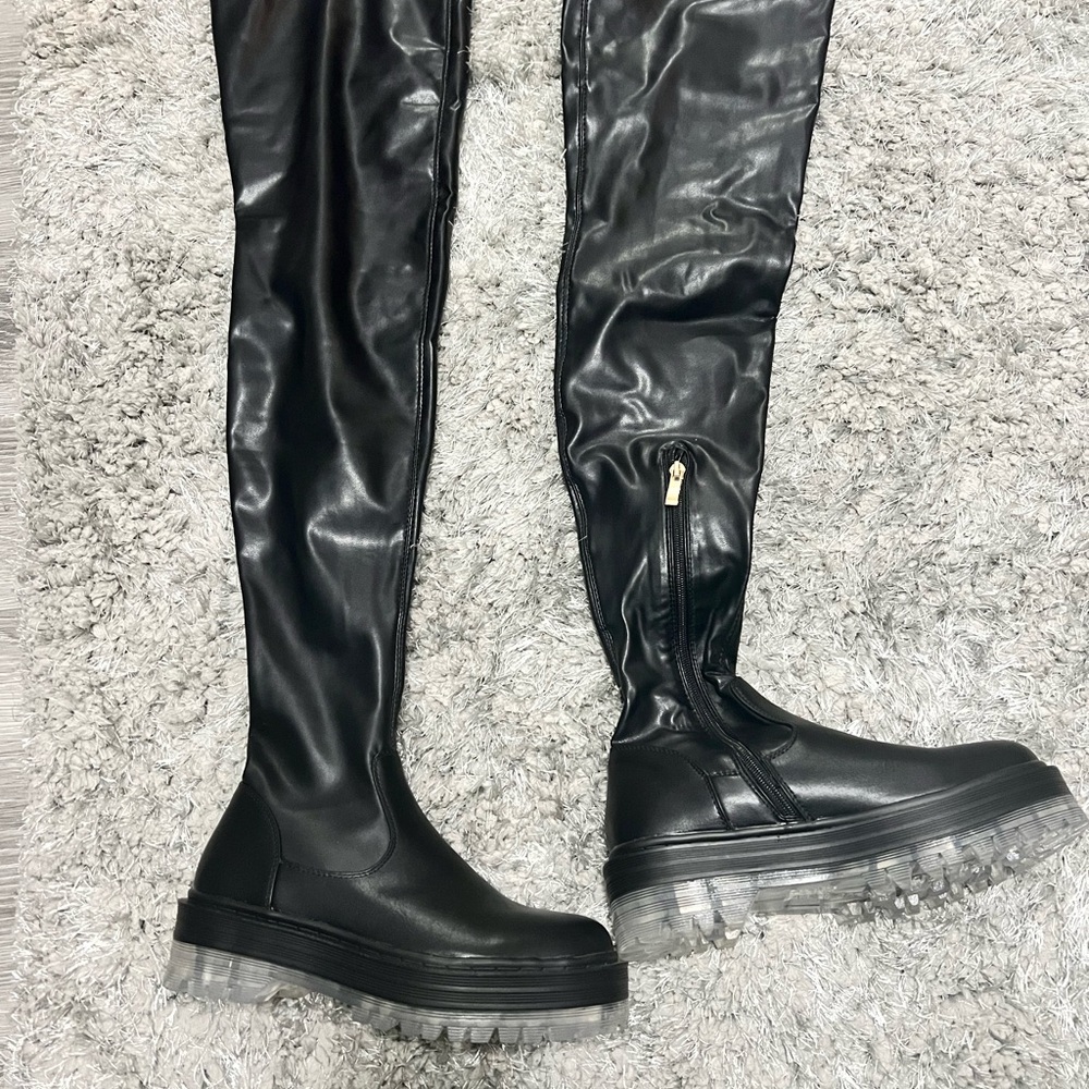 Black Knee High Flat Boots with Chunky Sole and Shiny Material